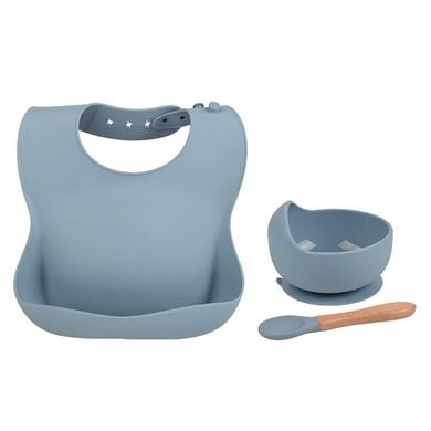 Набор силиконовой посуды для малышей Borjay 3в1 Тарелка с ложкой и слюнявчик Серо-голубой (SY1025BS)